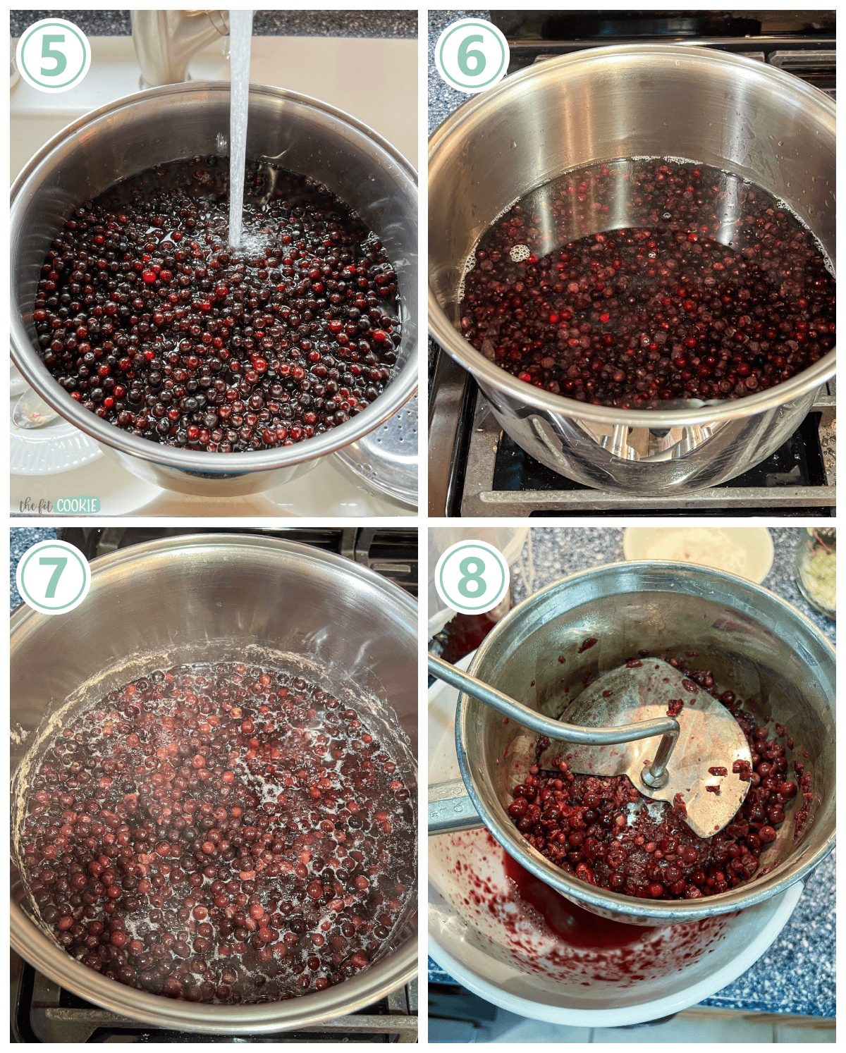 photo collage showing steps for boiling chokecherries into juice for syrup. 