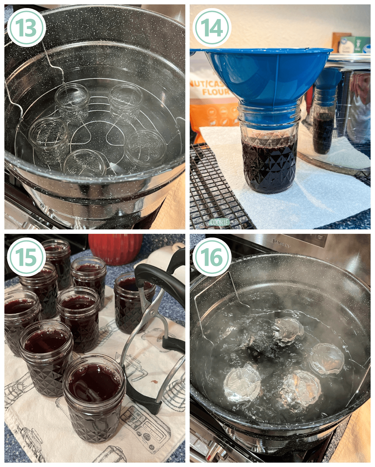 A series of photos showing the process of canning chokecherry Syrup.