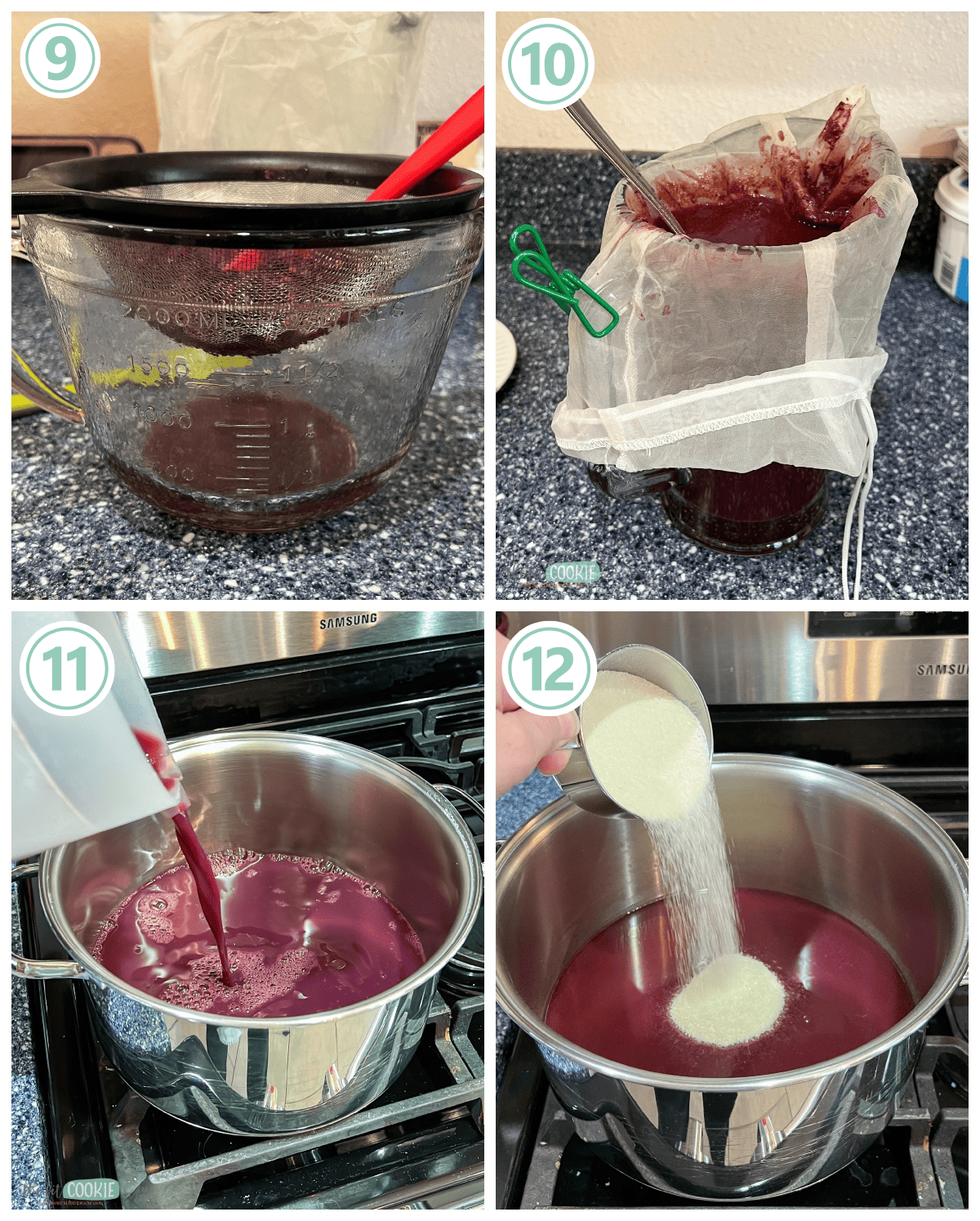 A series of photos capturing the step-by-step process of cooking chokecherry juice for chokecherry Syrup.