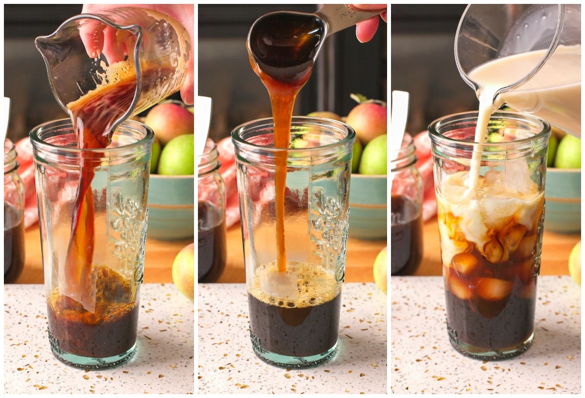 photo collage showing steps to make apple crisp oat milk latte.