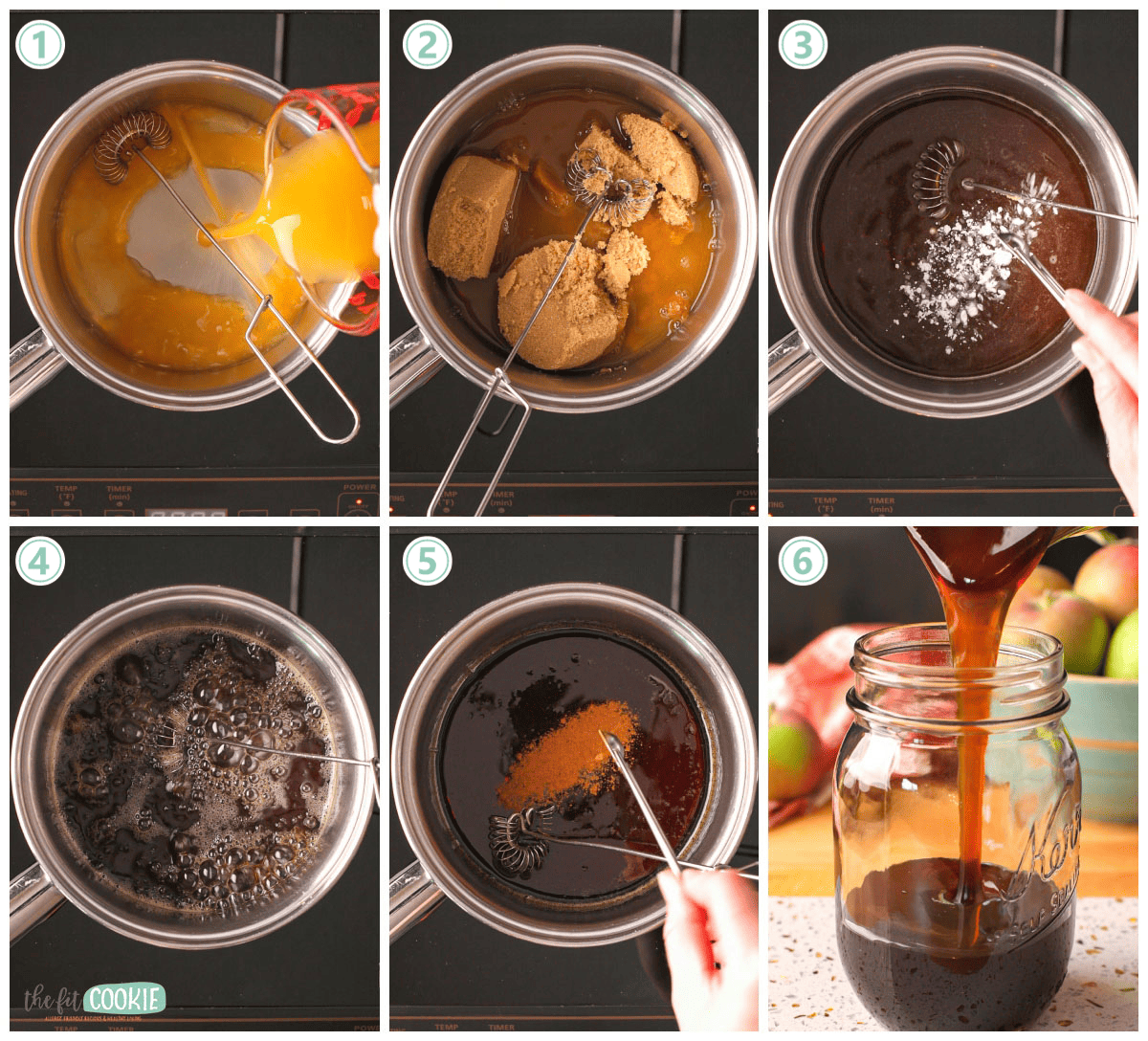 A series of photos showing how to make apple brown sugar syrup.
