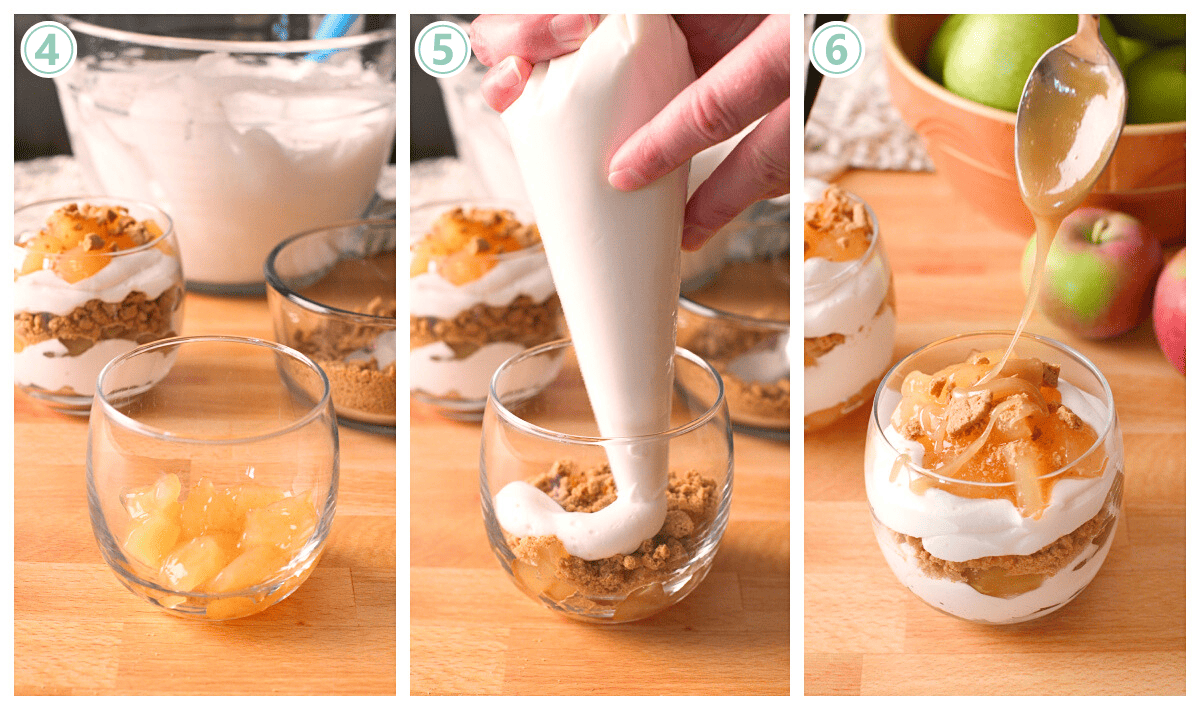 photo collage showing steps to assemble caramel apple cheesecake cups. 