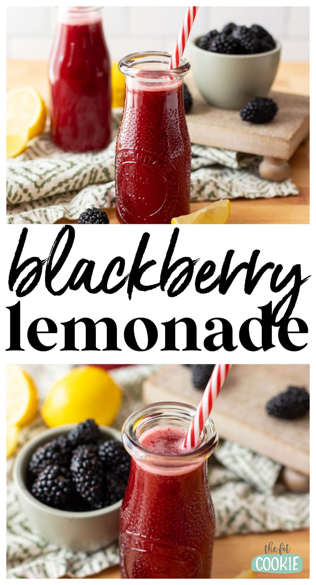 Photo collage of 2 jars of blackberry lemonade next to lemons. 
