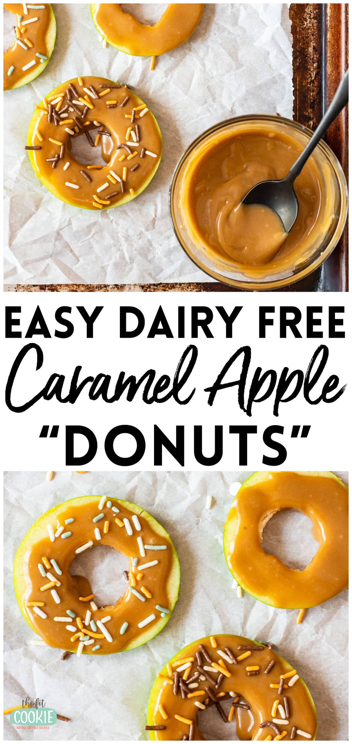 photo collage showing easy dairy free caramel apple donuts with sprinkles.