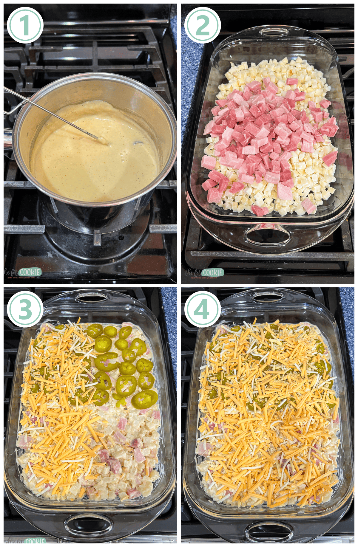 A series of photos showing how to make cheesy potato casserole (aka funeral potatoes).