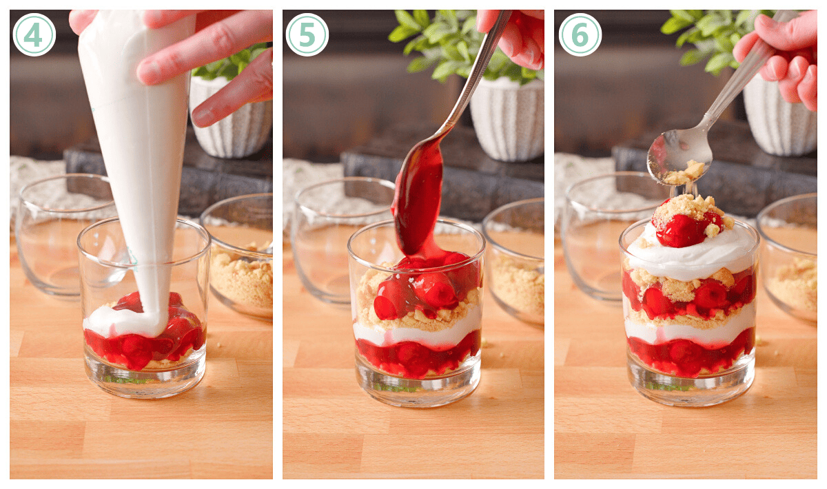 Photo collage showing steps to make a cherry cheesecake trifle.
