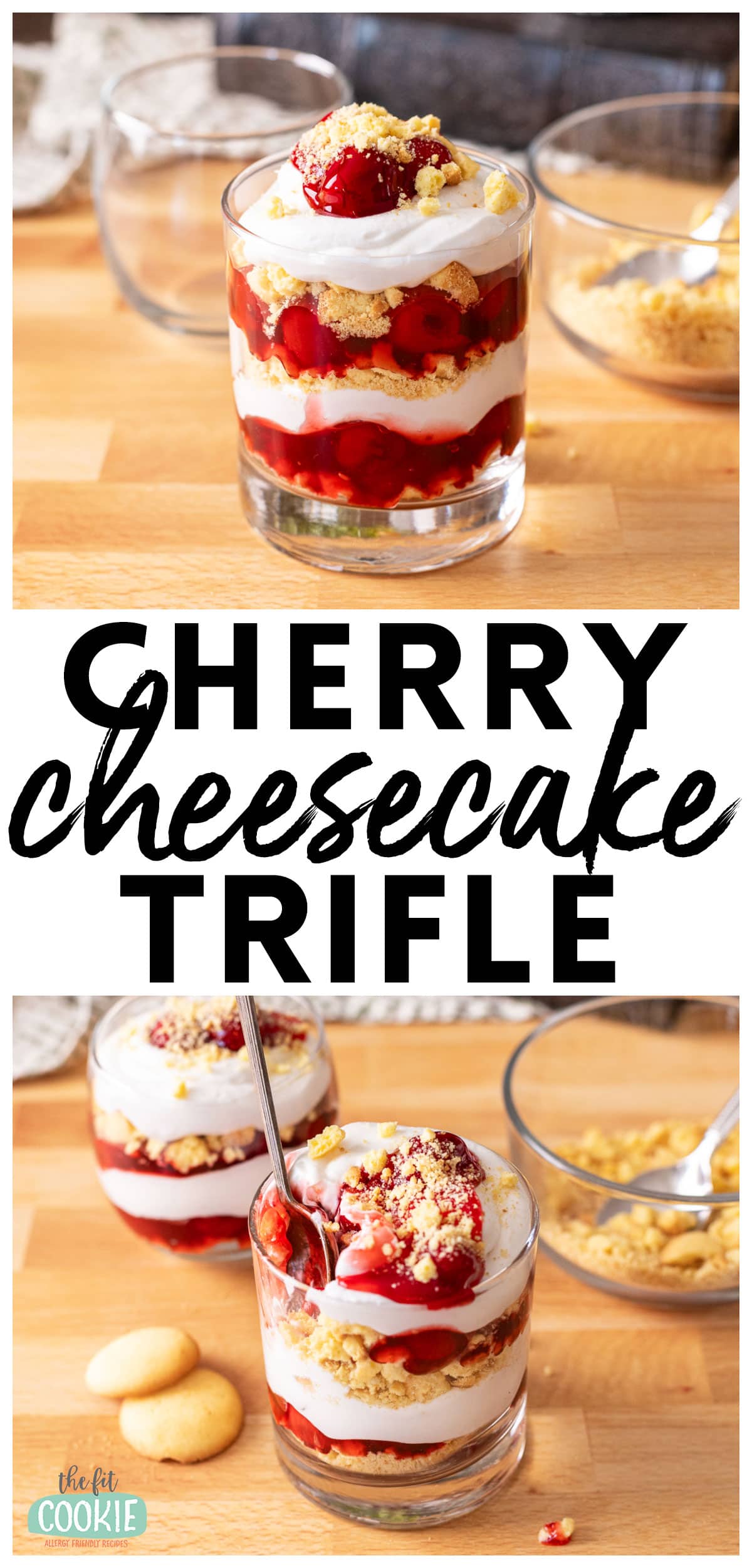 Photo collage showing no bake cheesecake dessert layered with cherries and gluten free cookie crumbs.