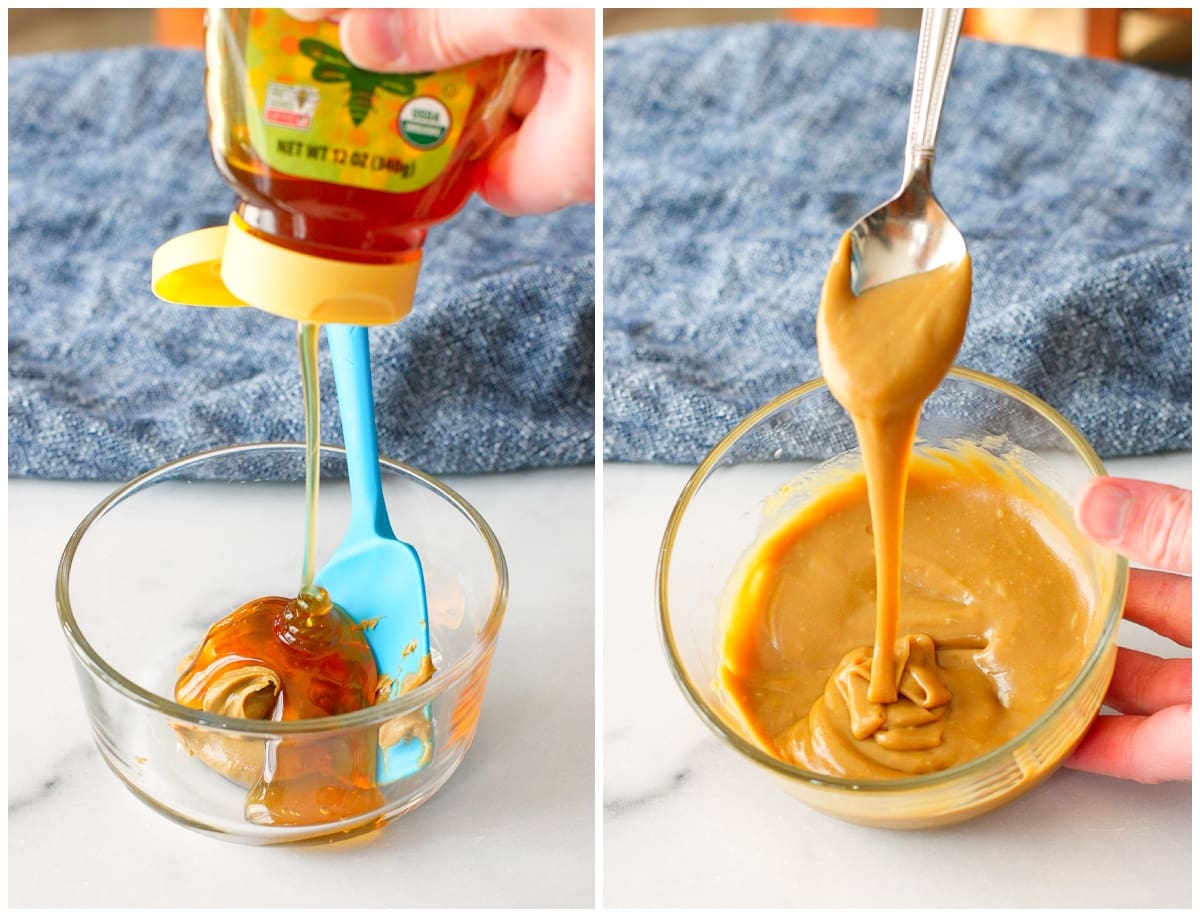 Photo collage of a person pouring honey into a dish with sunbutter.  