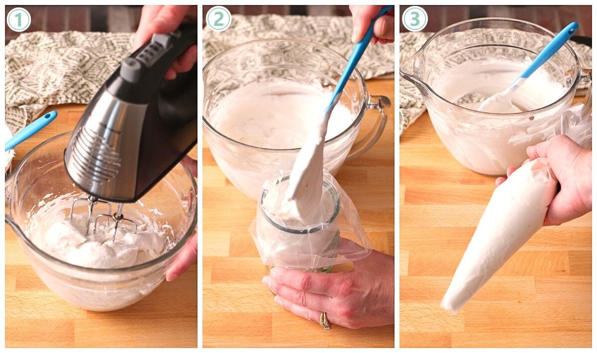 Photo collage showing steps to make cheesecake filling for cheesecake trifle. 
