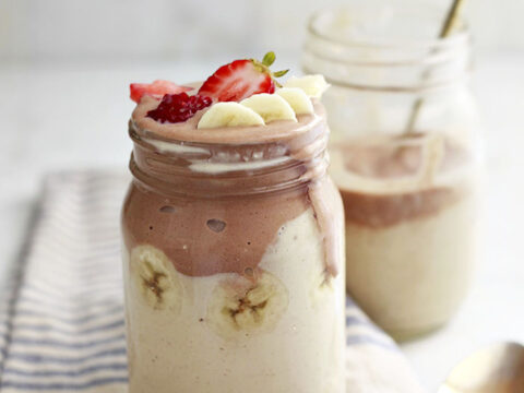 Dessert smoothie made with chocolate banana oats, and strawberries.