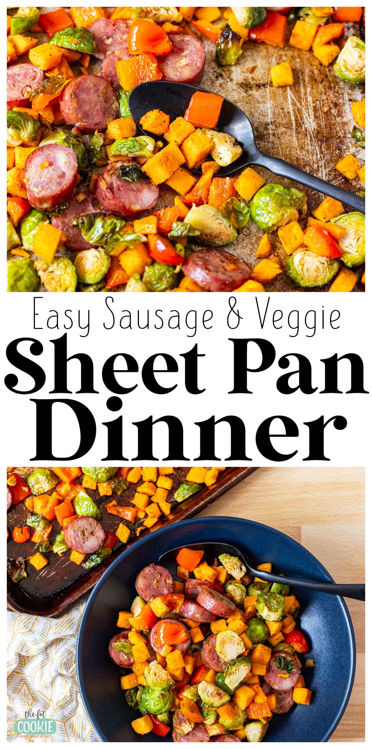 photo collage showing different views of easy sausage and veggie sheet pan dinner.