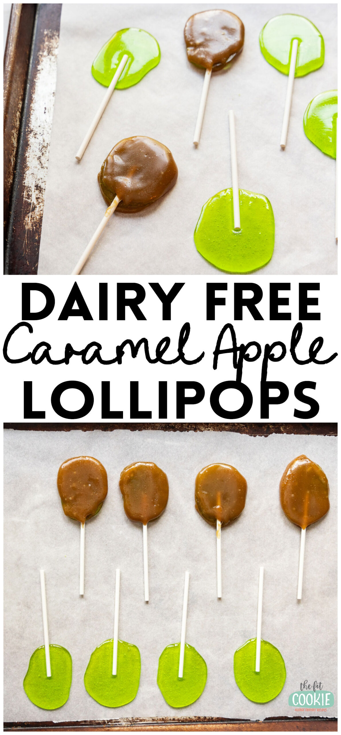 Photo collage showing different photos of dairy free caramel apple pops.