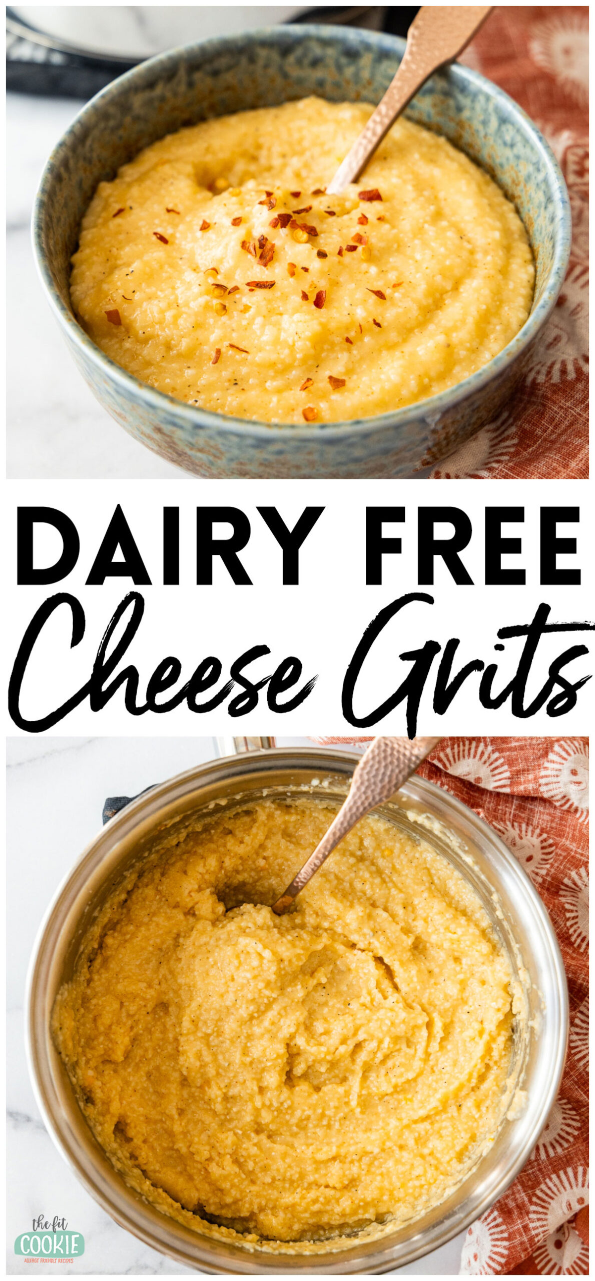 photo collage showing bowls of dairy free cheese grits. 