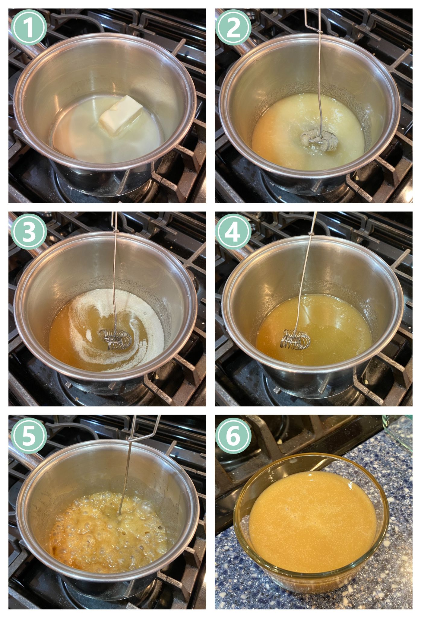 A series of photos showing the process of making easy dairy free caramel. 
