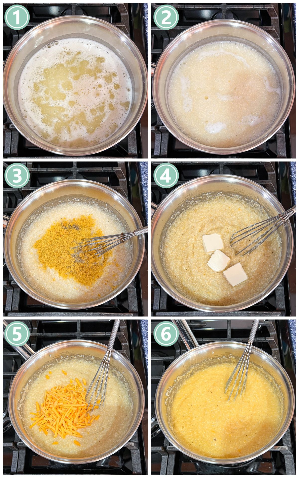 A series of photos showing the process of making dairy free cheesy grits.