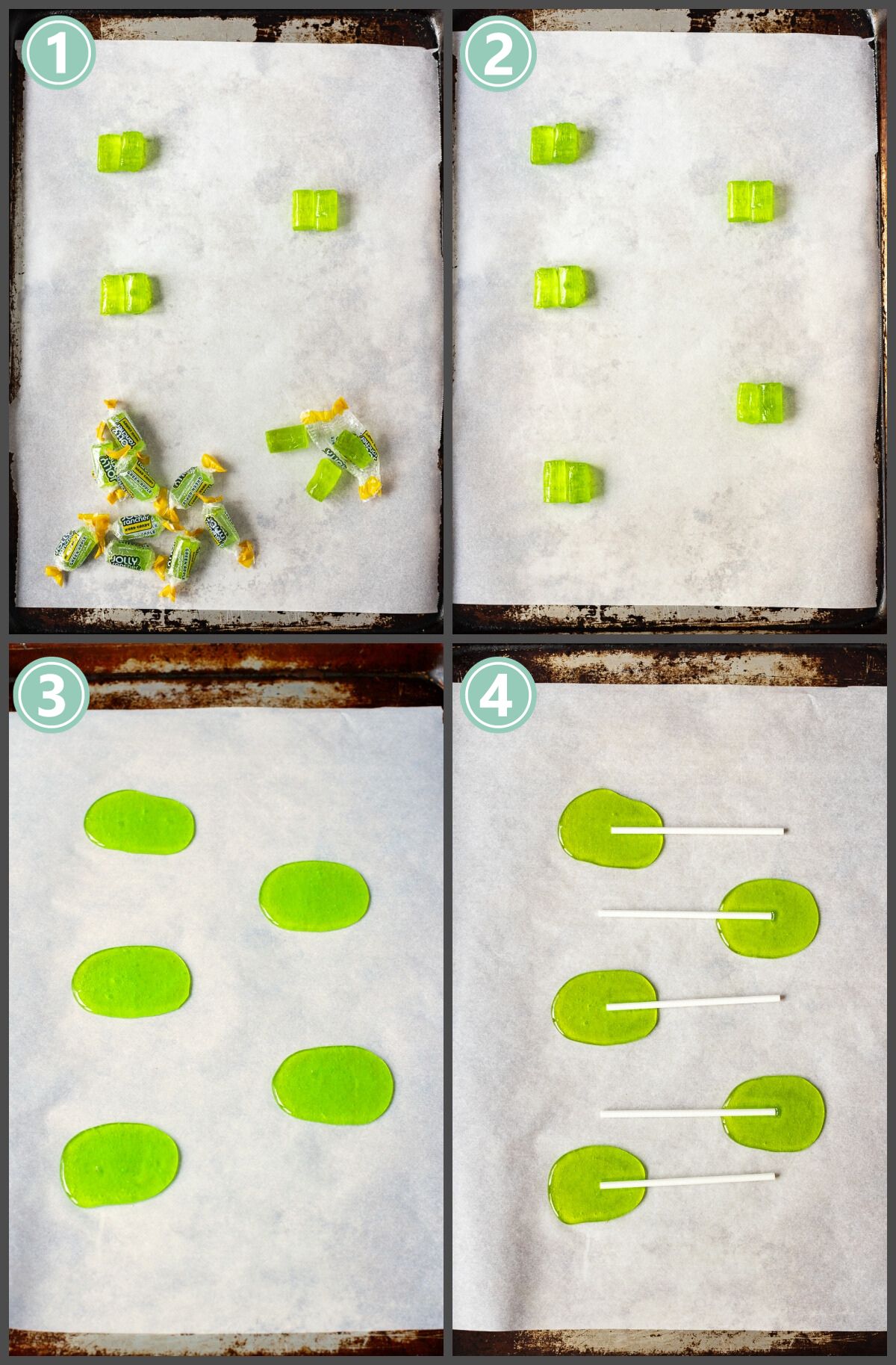 A photo collage showing how to melt jolly ranchers into suckers. 