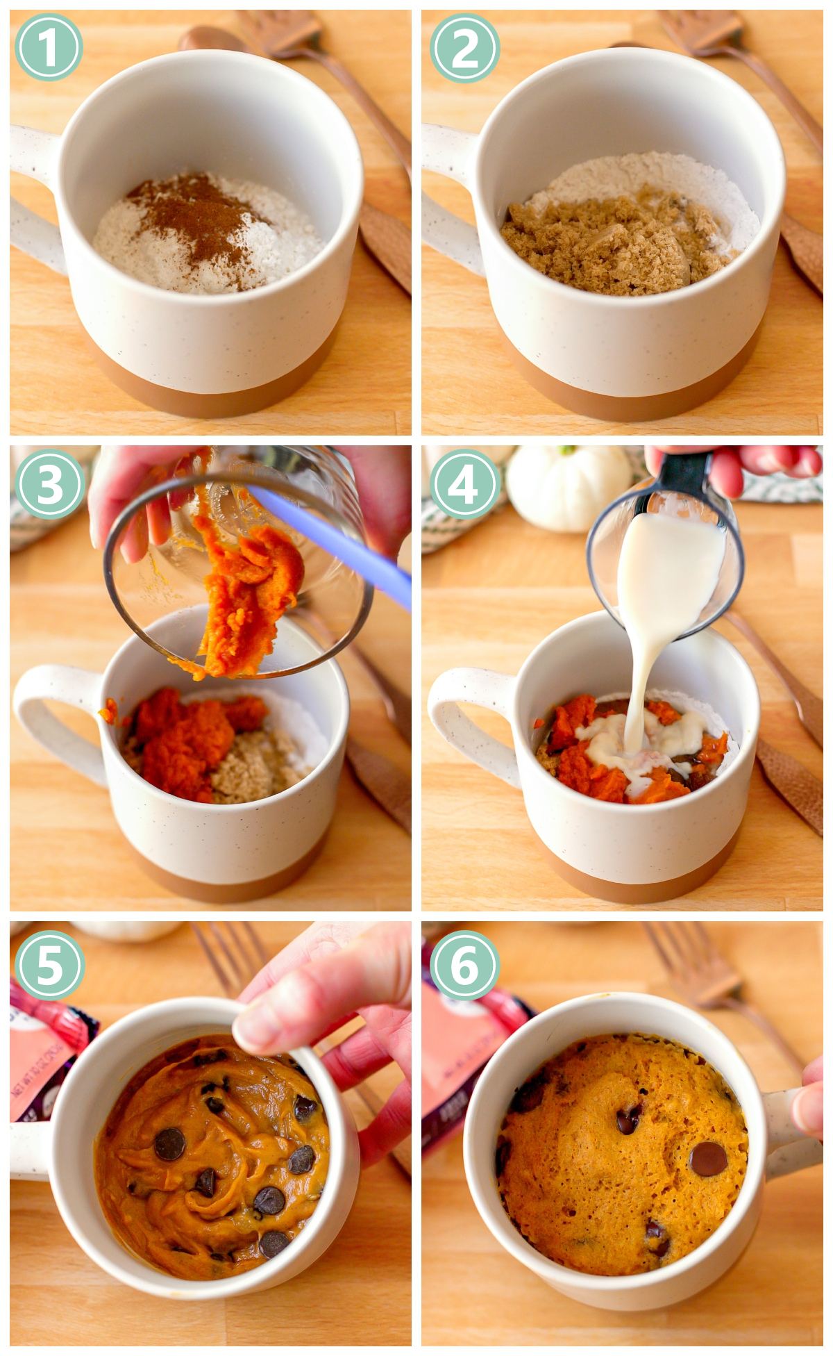 photo collage showing steps to make gluten free pumpkin mug cake. 
