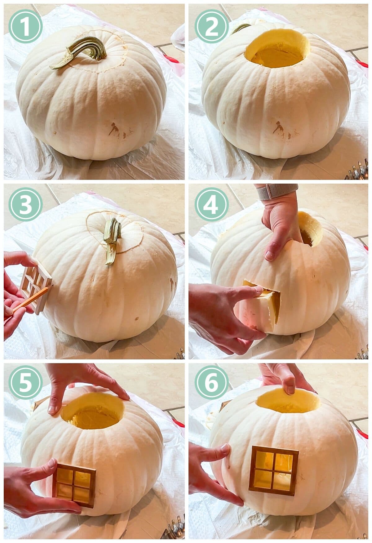 photo collage showing how to make a pumpkin fairy house.