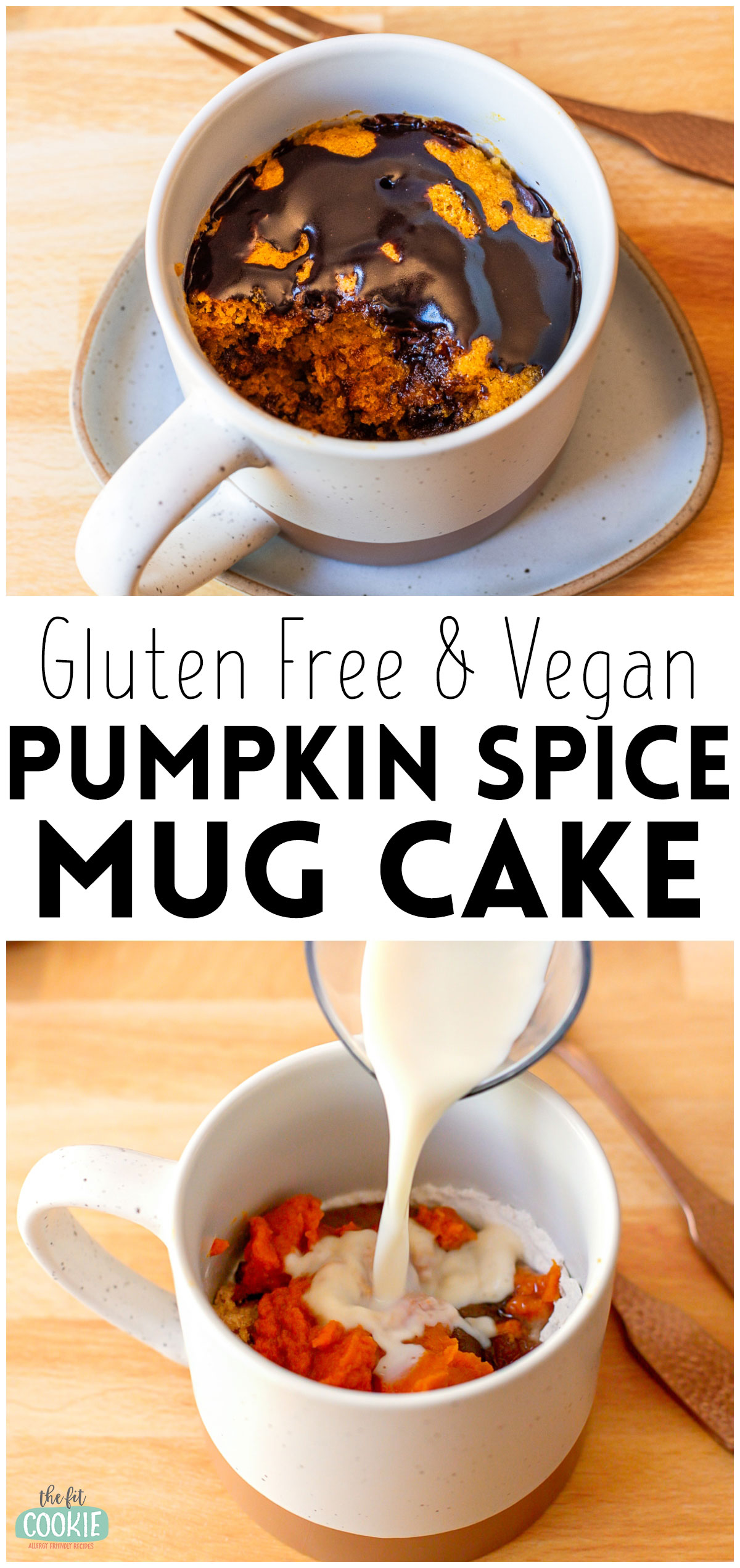 photo collage with text showing gluten free & vegan pumpkin mug cake.
