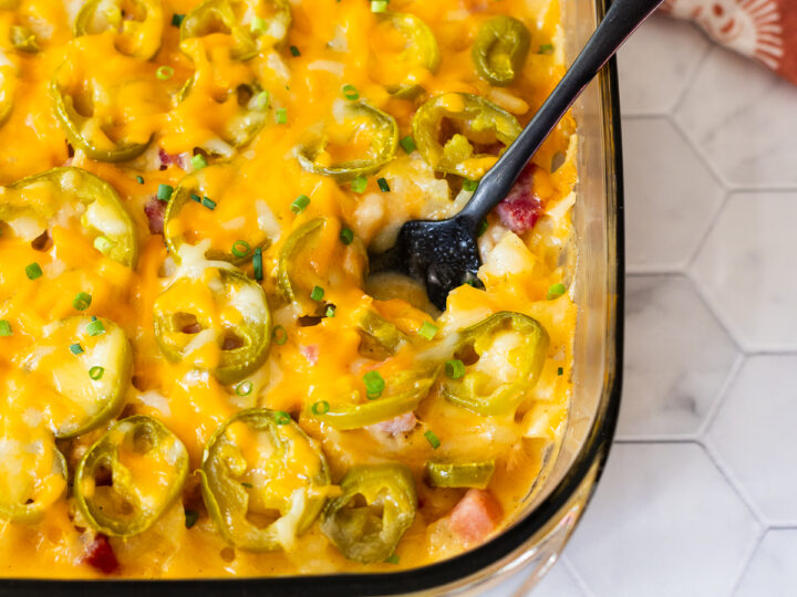 A dairy-free casserole dish filled with cheesy potatoes.