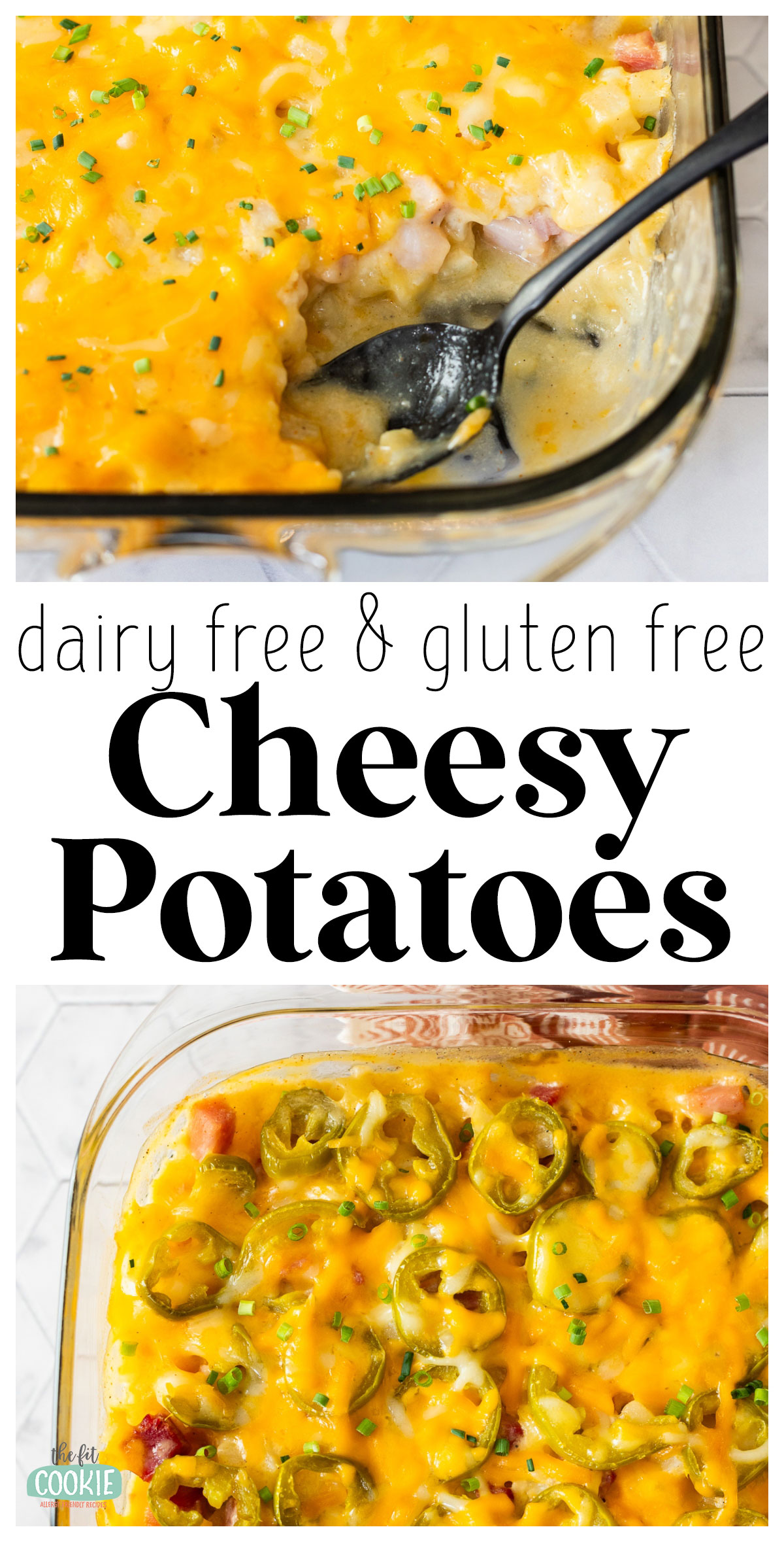 photo collage showing 2 different photos of dairy free cheesy potatoes. 