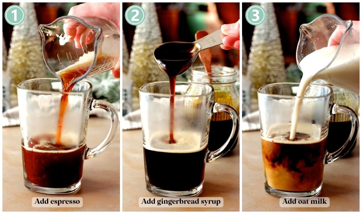 Photo collage showing steps to make gingerbread oatmilk latte. 