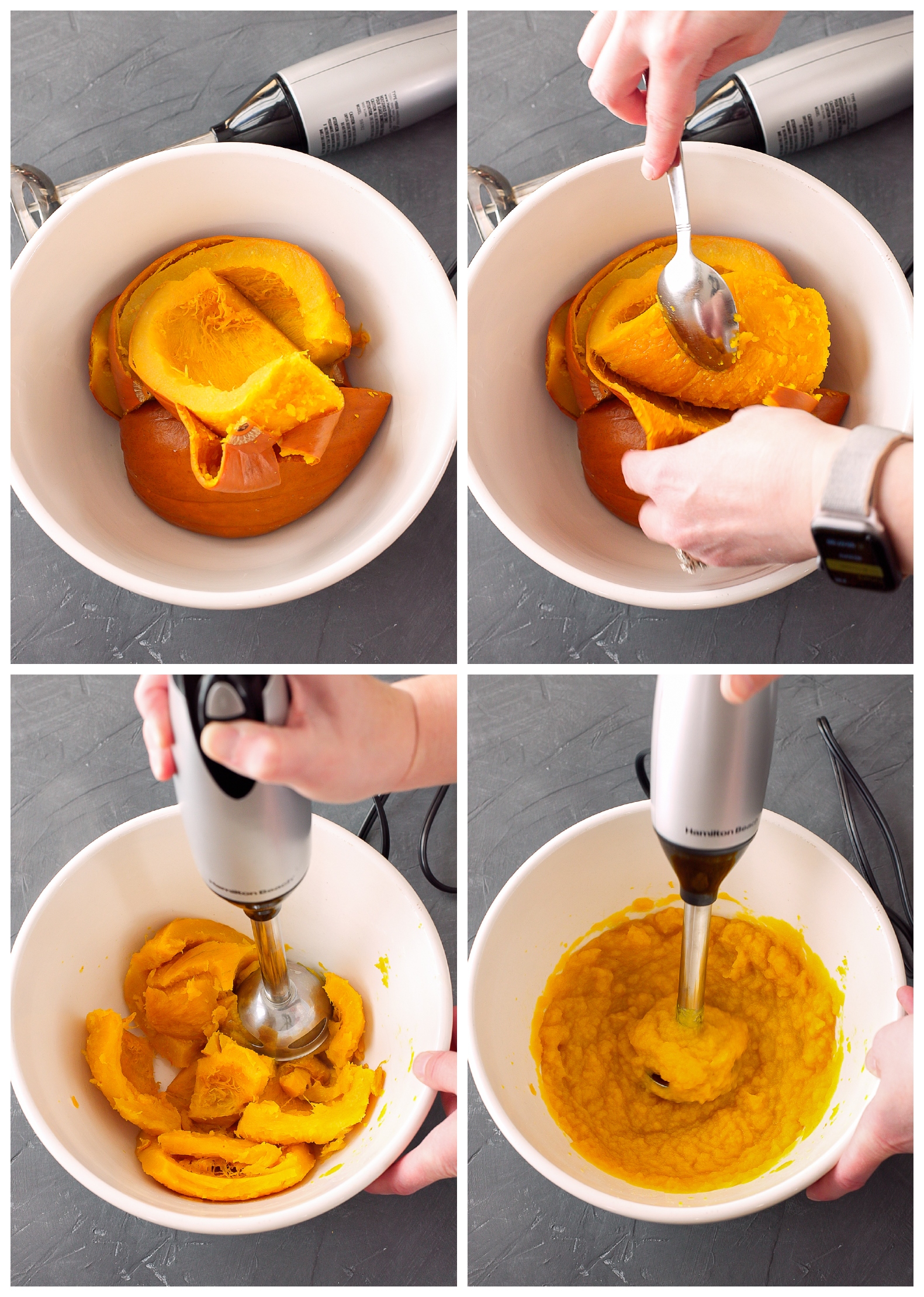 A series of photos showing how to make homemade pumpkin puree.