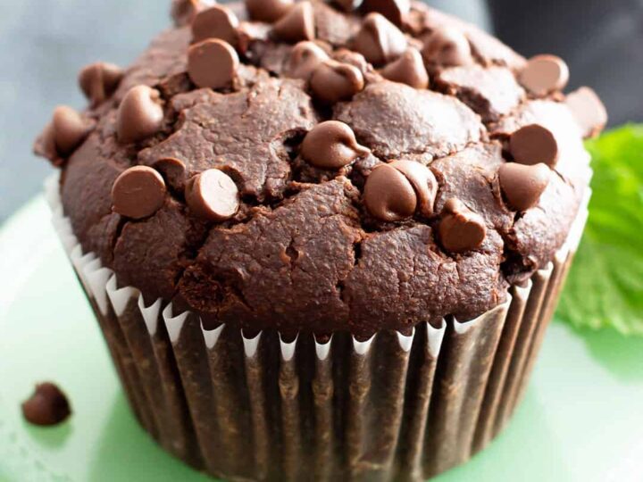 A chocolate muffin with chocolate chips on a green plate.