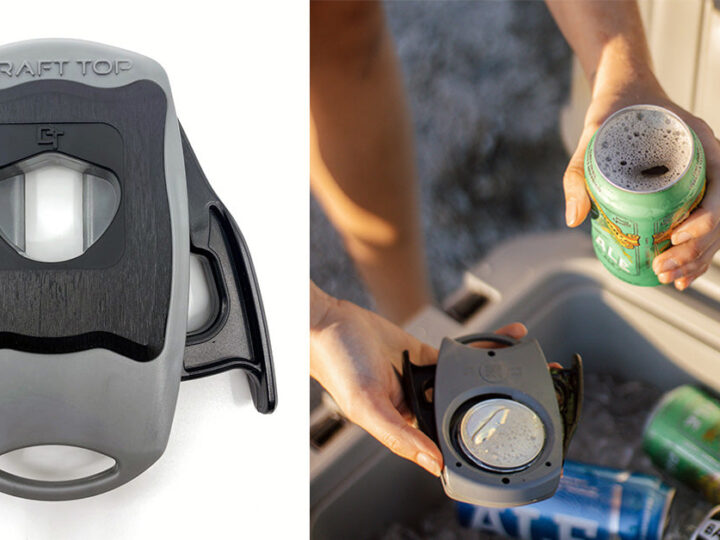 A person is holding a bottle opener and a can.