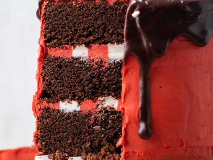 A red and white cake with peppermint icing.