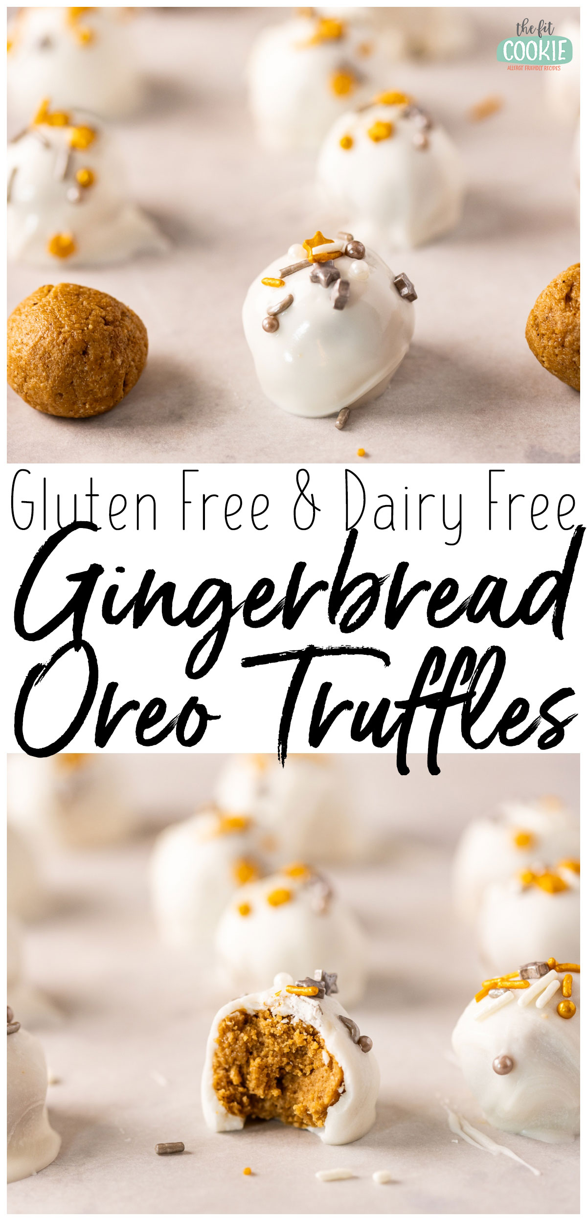 Photo collage showing 2 views of gluten free and dairy free Gingerbread Oreo Truffles.