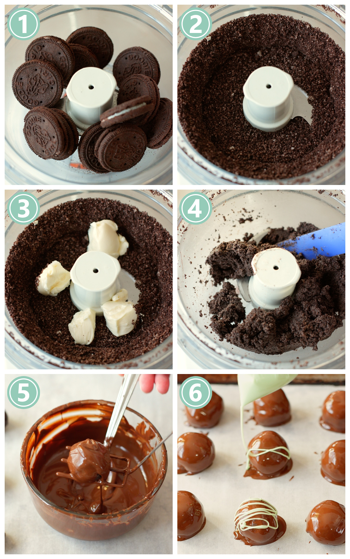 Photo collage showing the steps to make chocolate mint oreo truffles.