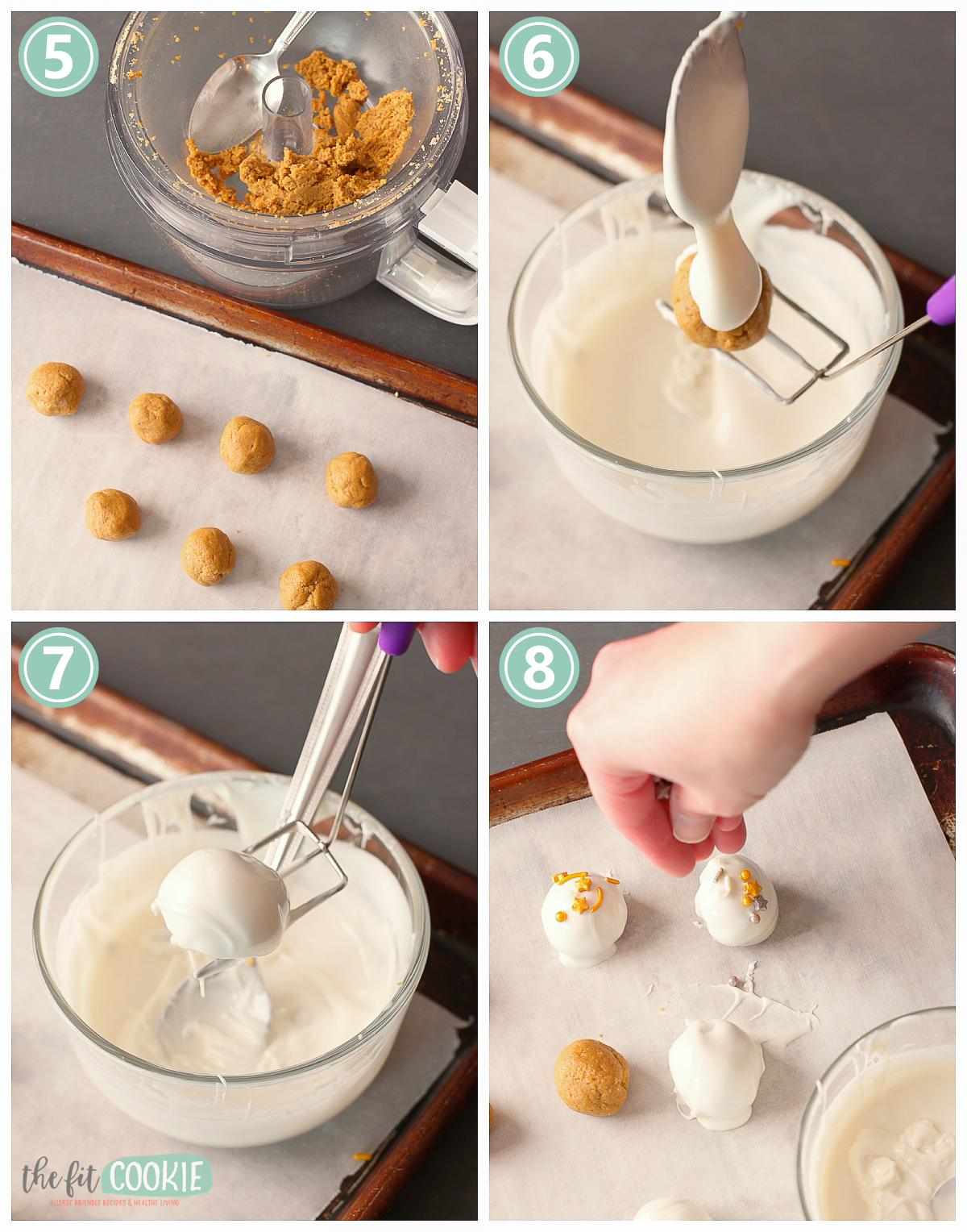A series of photos showing how to make gluten free Gingerbread Oreo cookie balls.
