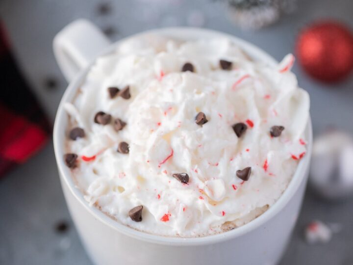 A cup of peppermint hot chocolate with whipped cream and candy canes.