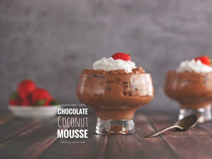 Chocolate coconut mousse on a wooden table.