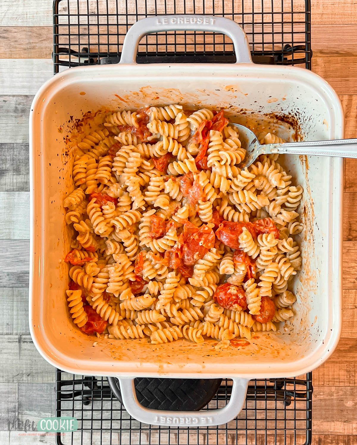 dairy free feta pasta bake made with laughing cow spreadable plant based cheese.