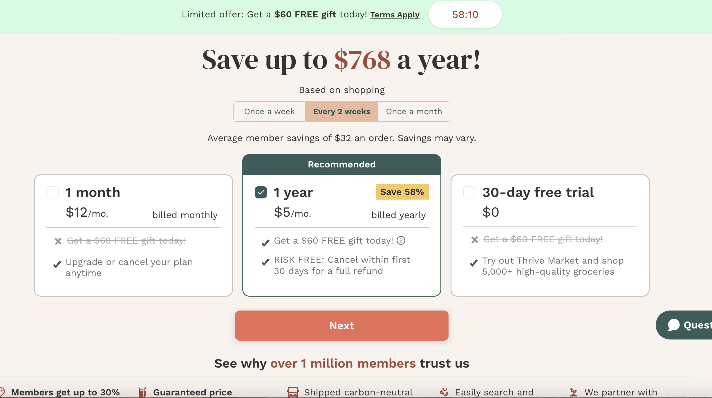 screenshot of the thrive market membership pricing page.
