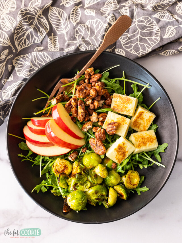 Tofu salad with brussel sprouts, apples and walnuts.
