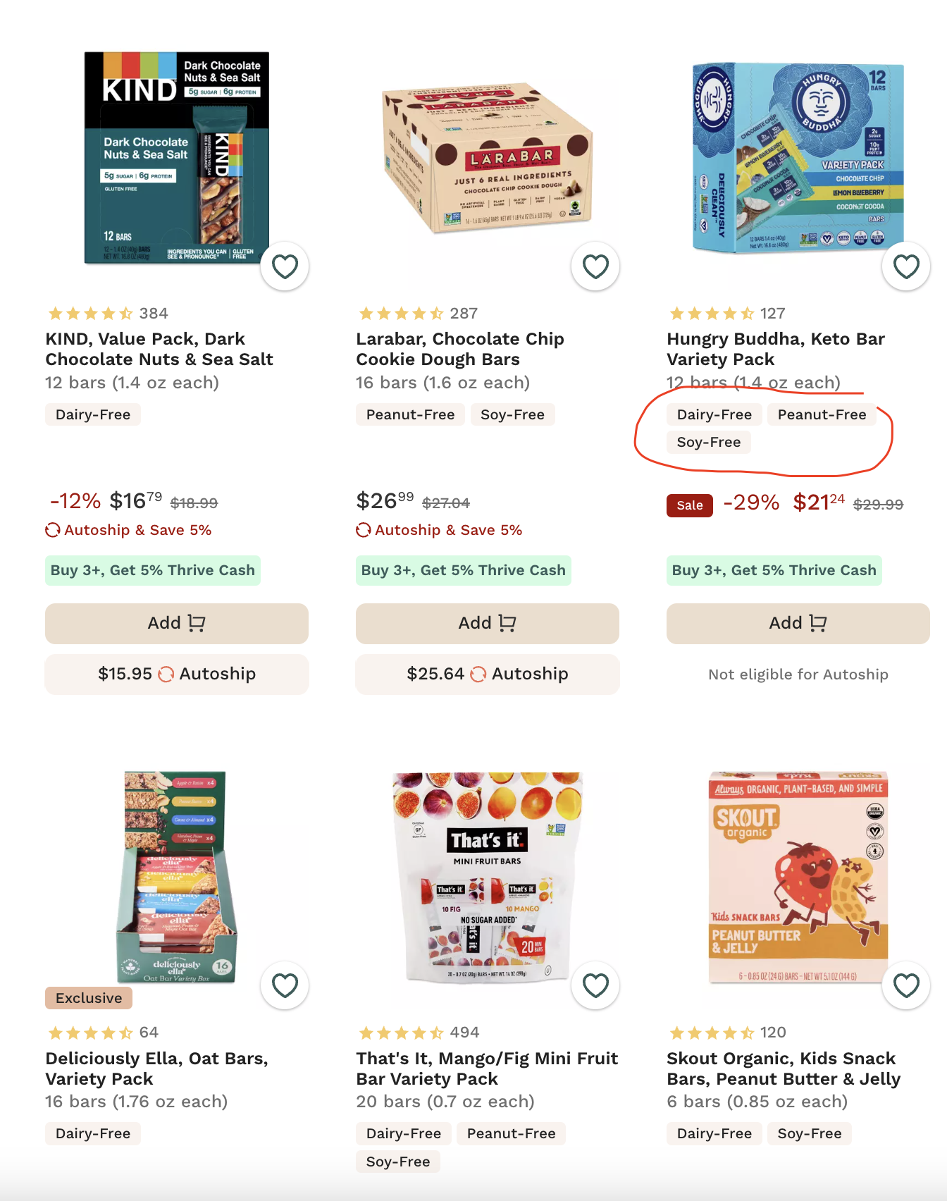 A screenshot of thrive market website showing the dietary labeling on product search pages. 