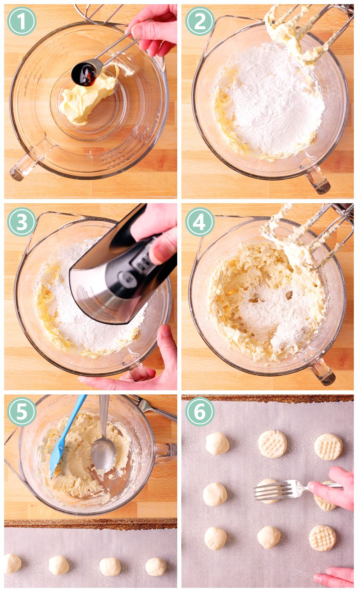 A series of photos showing how to make gluten-free vegan shortbread cookies.