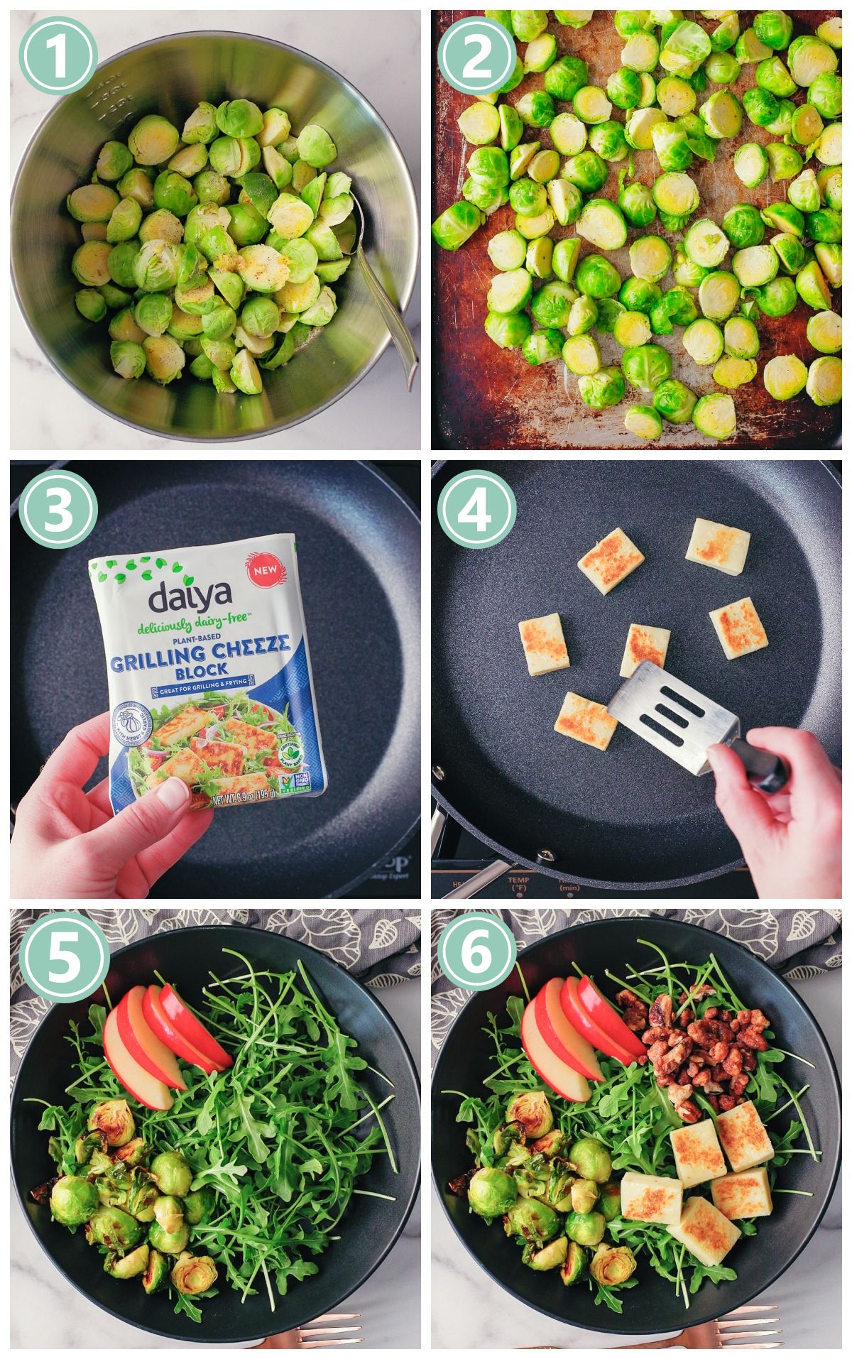 Photo collage showing steps to make a dairy free halloumi winter salad with brussels sprouts.