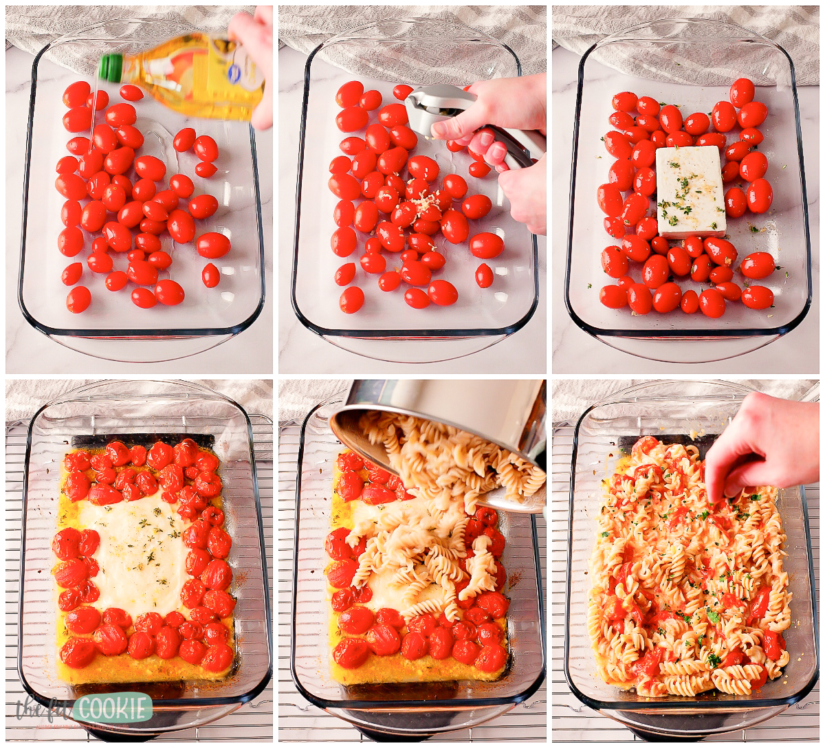A photo collage showing how to make dairy free and gluten free baked feta pasta. 