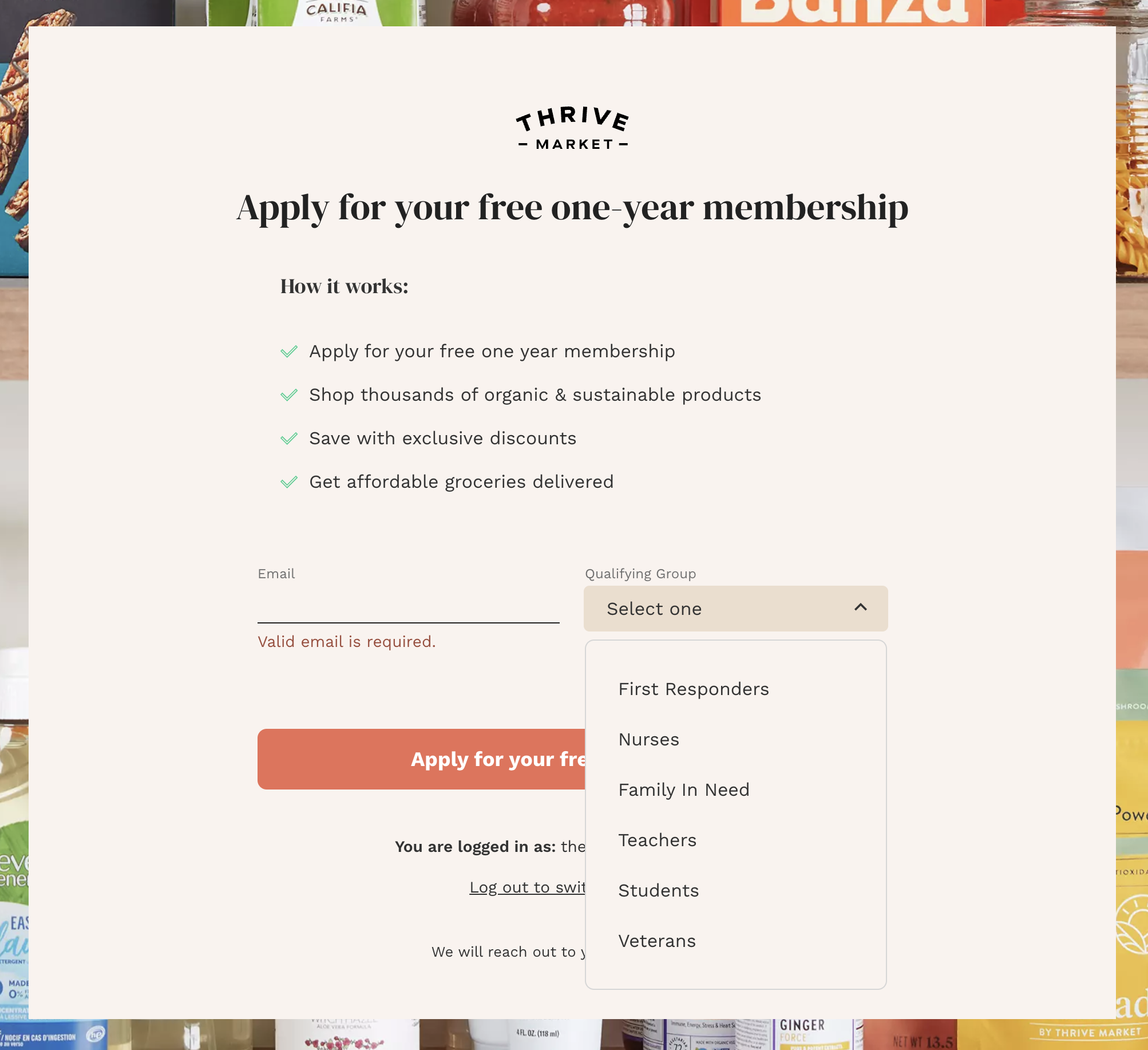 The application page for a free thrive market membership.