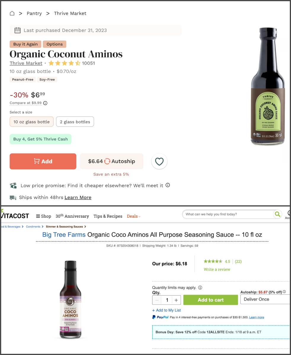 photo collage showing comparison of pricing for 2 brands of coconut aminos. 