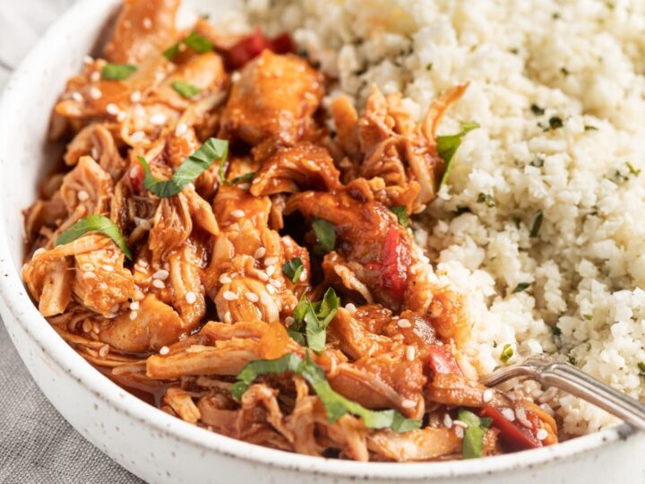 A bowl of rice and chicken in a white bowl.
