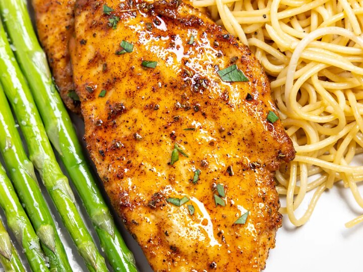 A plate of chicken and asparagus.