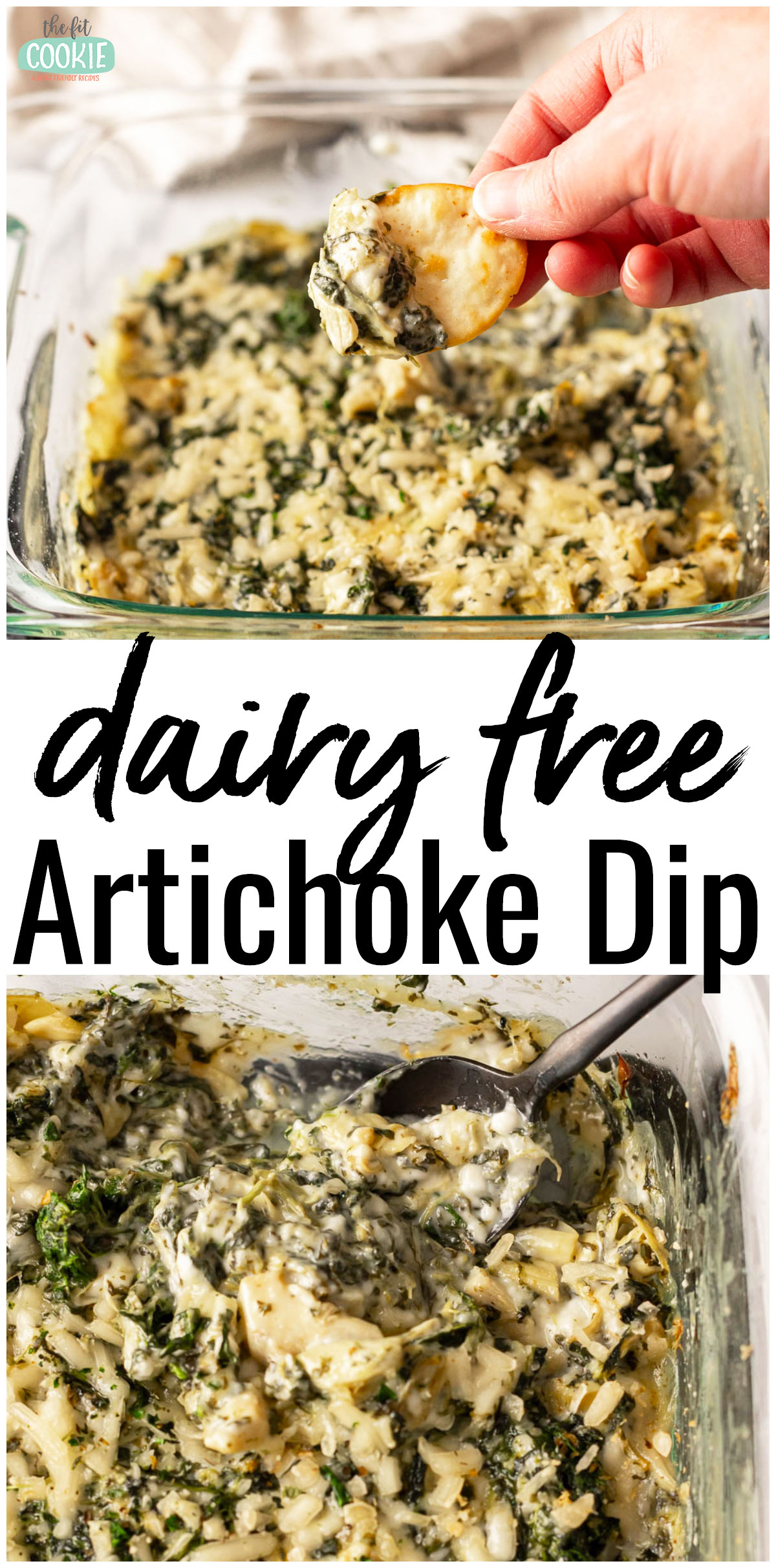 photo collage showing 2 views of dairy free spinach artichoke dip with text overlay that says "dairy free artichoke dip".