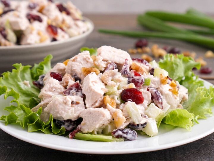 Cranberry chicken salad on a plate with lettuce and cranberries.