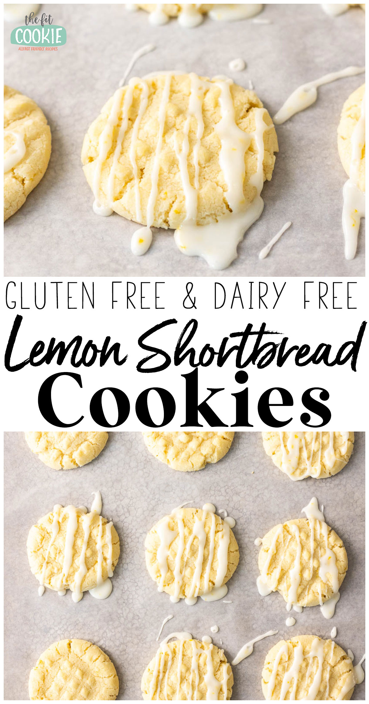 A collage of 2 photos of lemon shortbread cookies with text overlay.