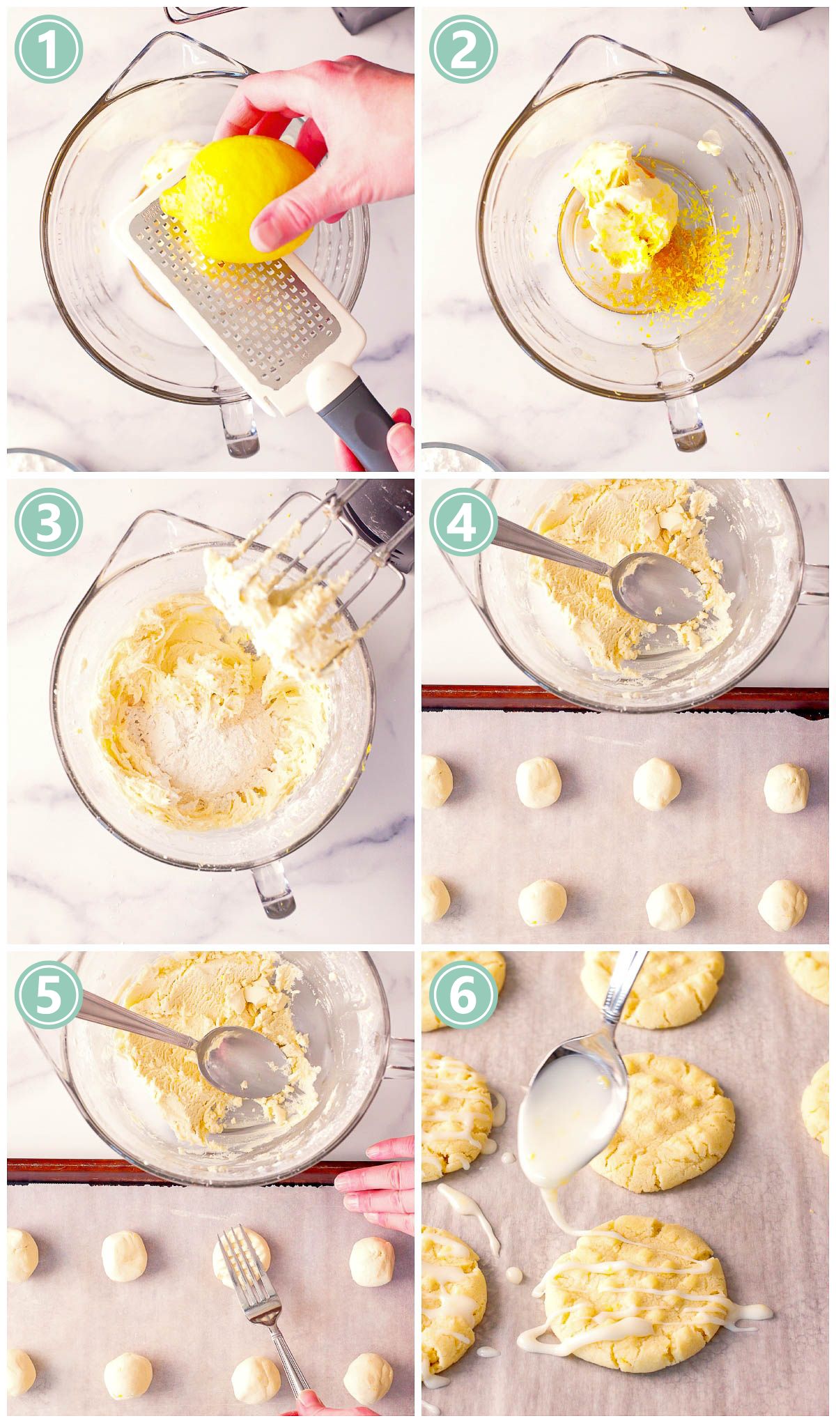 Step-by-step photos in a collage showing steps for making lemon shortbread cookies.